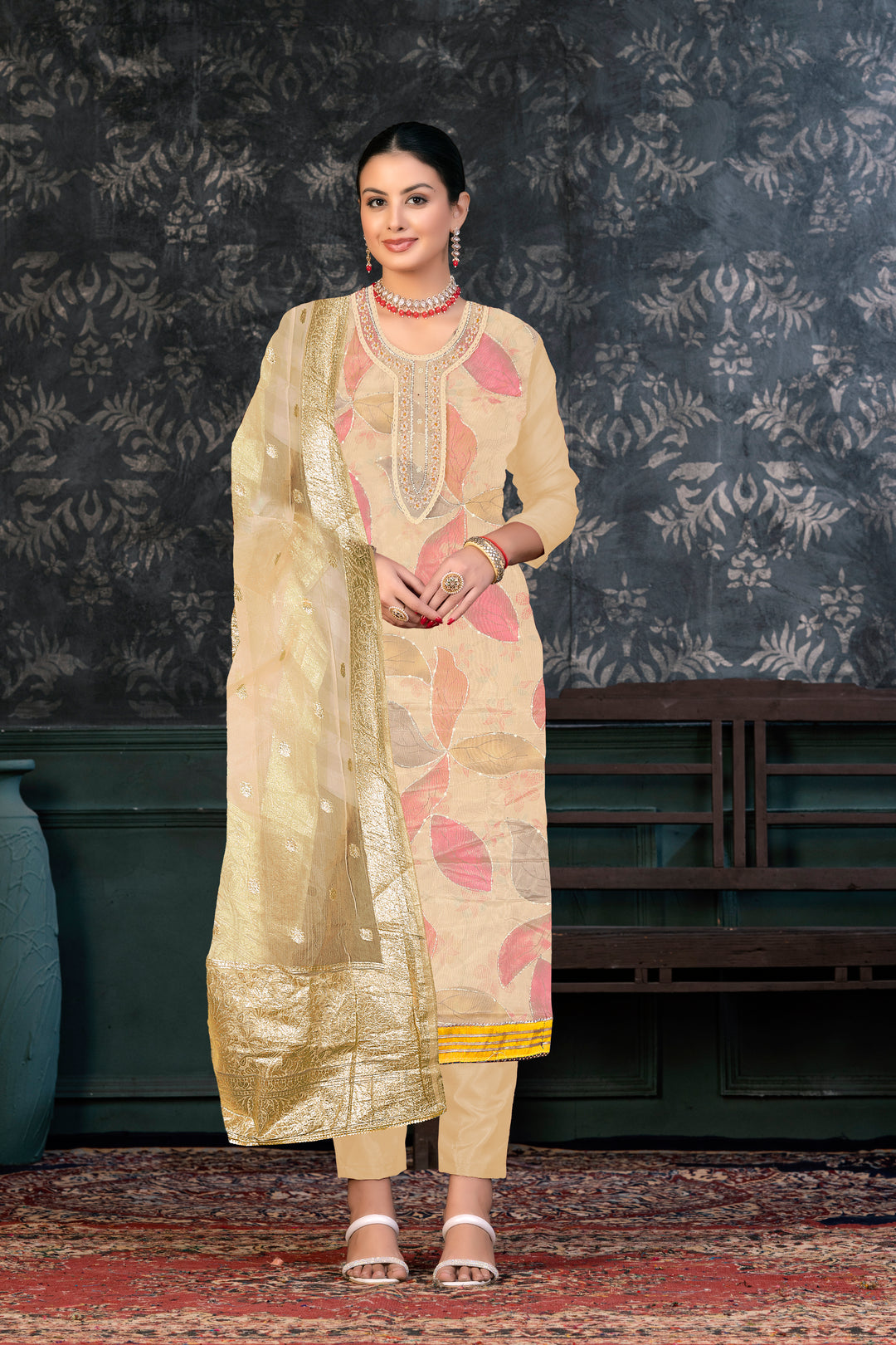 Organza Kurtis Set | Banarasi-Printed Party Outfit for Ceremonial Events