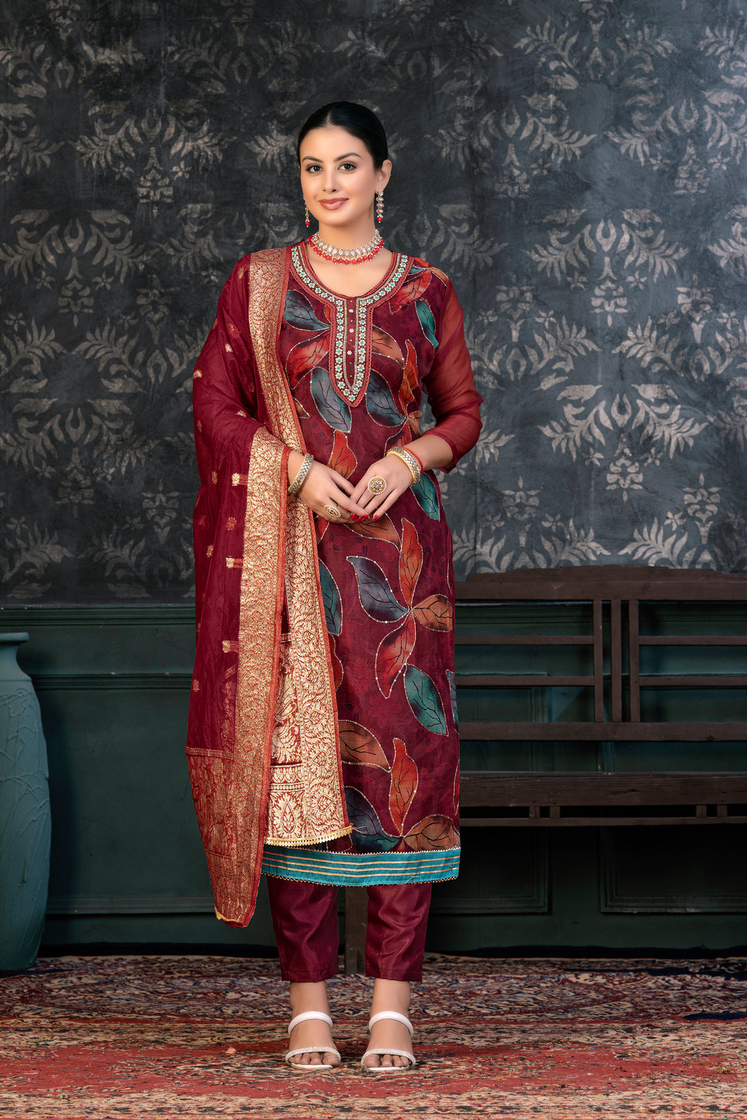 Organza Kurtis Set | Banarasi-Printed Party Outfit for Ceremonial Events