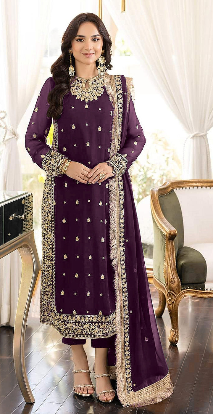 Faux-Georgette Embroidered Kurtis-Set | Full Sleeve Portrait Neck for Events