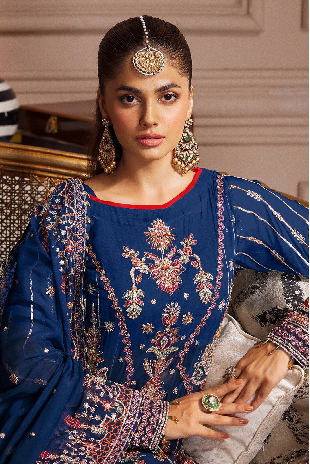 Embroidered Faux-Georgette Salwar Kameez | Full-Sleeve Round-Neck Design