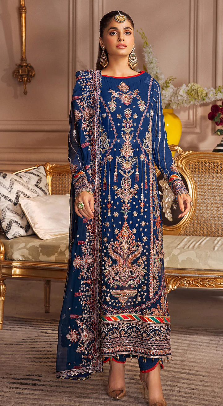 Embroidered Faux-Georgette Salwar Kameez | Full-Sleeve Round-Neck Design