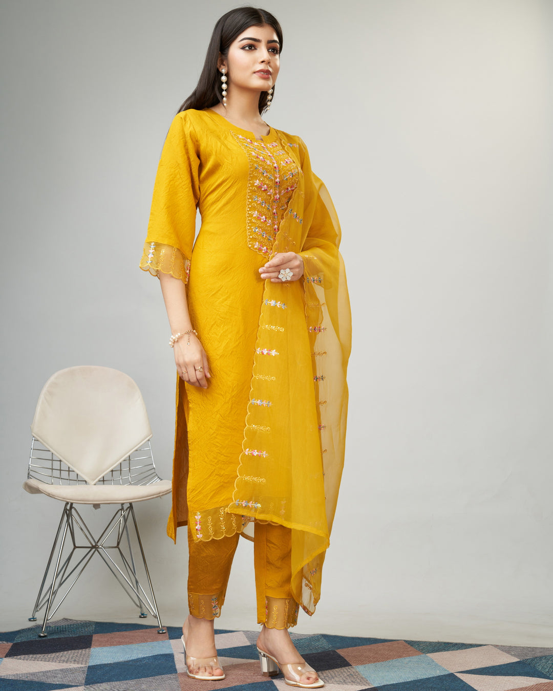 Embroidery-Work Viscose Kurtis Set | Three-Quarter Sleeve | Round-Neck