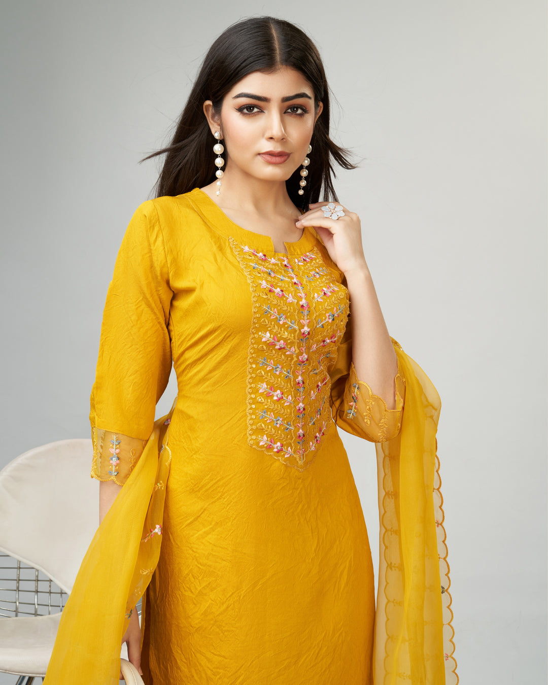 Embroidery-Work Viscose Kurtis Set | Three-Quarter Sleeve | Round-Neck