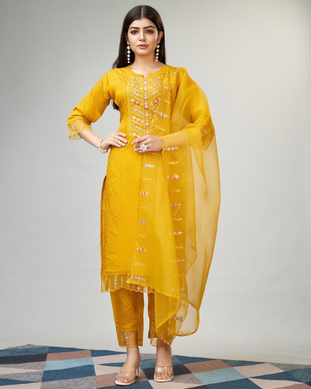 Embroidery-Work Viscose Kurtis Set | Three-Quarter Sleeve | Round-Neck