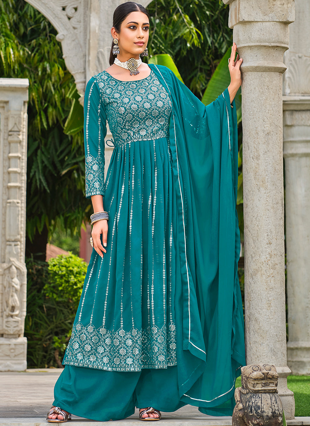 Designer Palazzo with Sequance Embroidery | Faux-Georgette Full-Length Top