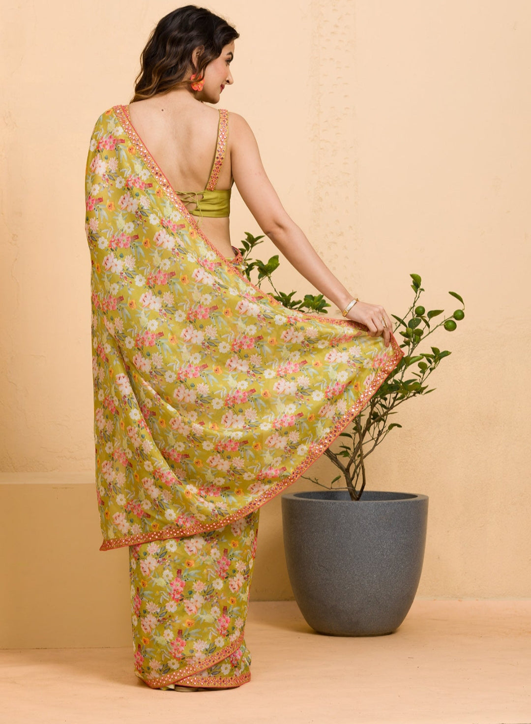 Designer Printed Chinon Saree with Mirror Work | Ideal for Weddings & Festivities