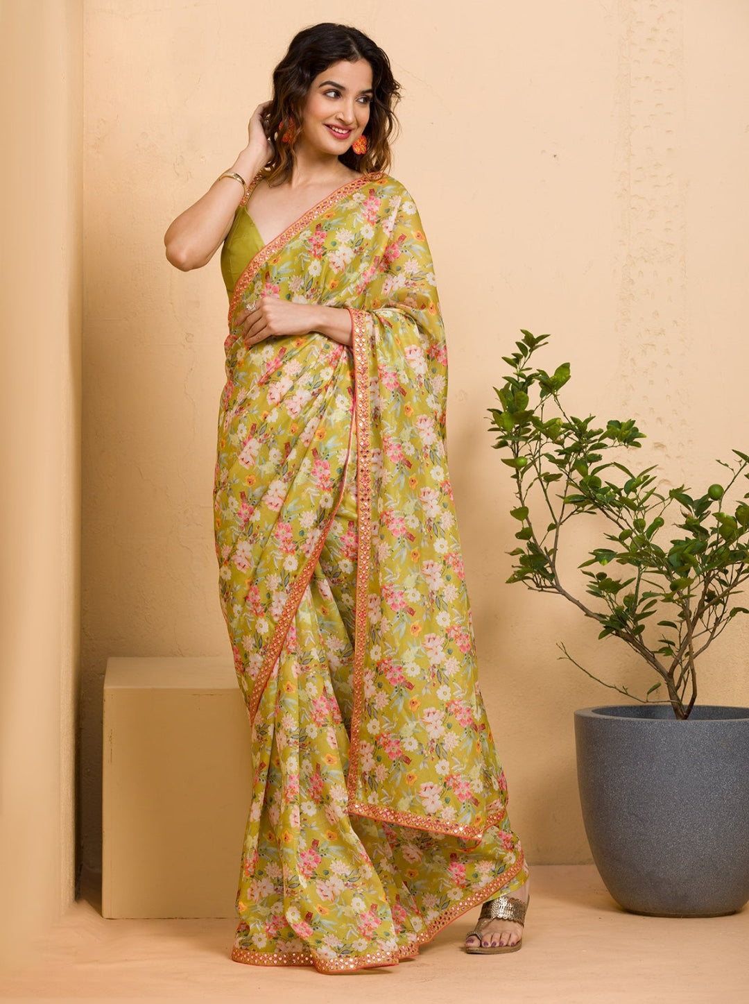 Designer Printed Chinon Saree with Mirror Work | Ideal for Weddings & Festivities