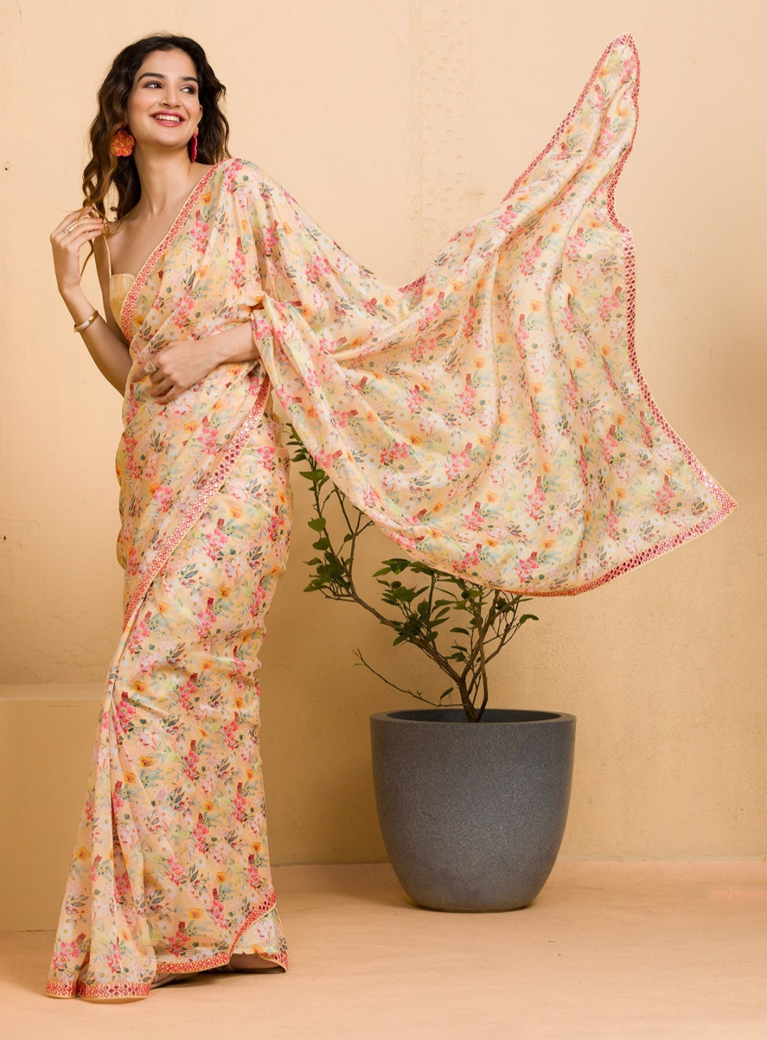 Designer Printed Chinon Saree with Mirror Work | Ideal for Weddings & Festivities