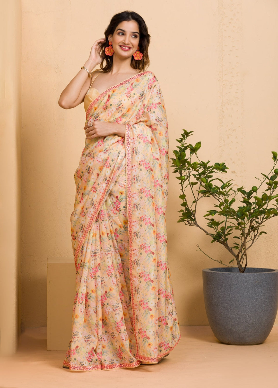 Designer Printed Chinon Saree with Mirror Work | Ideal for Weddings & Festivities