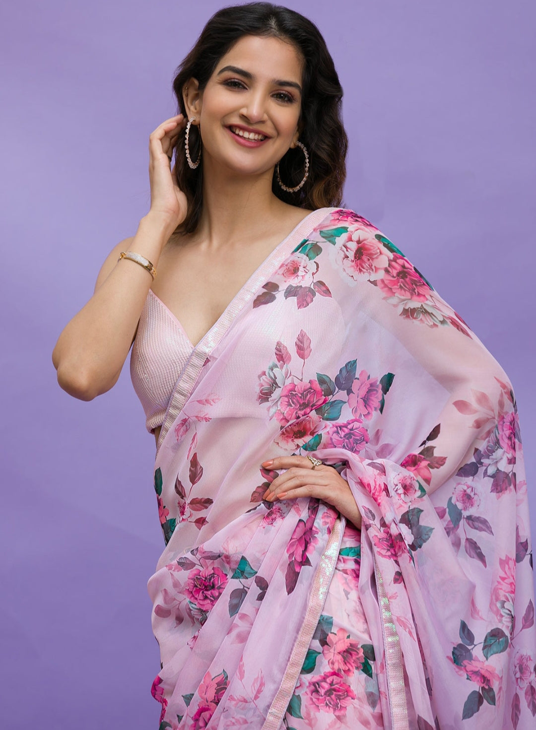 Designer Printed Chinon Saree with Mono-Banglori Blouse | Special Event Couture