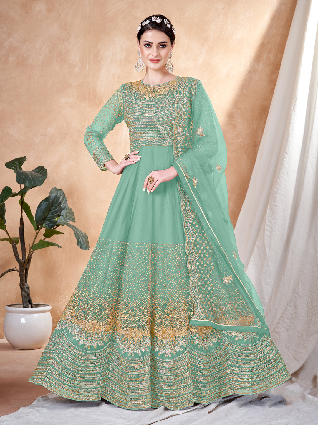 Heavy Designer Embroidery Anarkali | Net Top & Santoon Bottom for Events