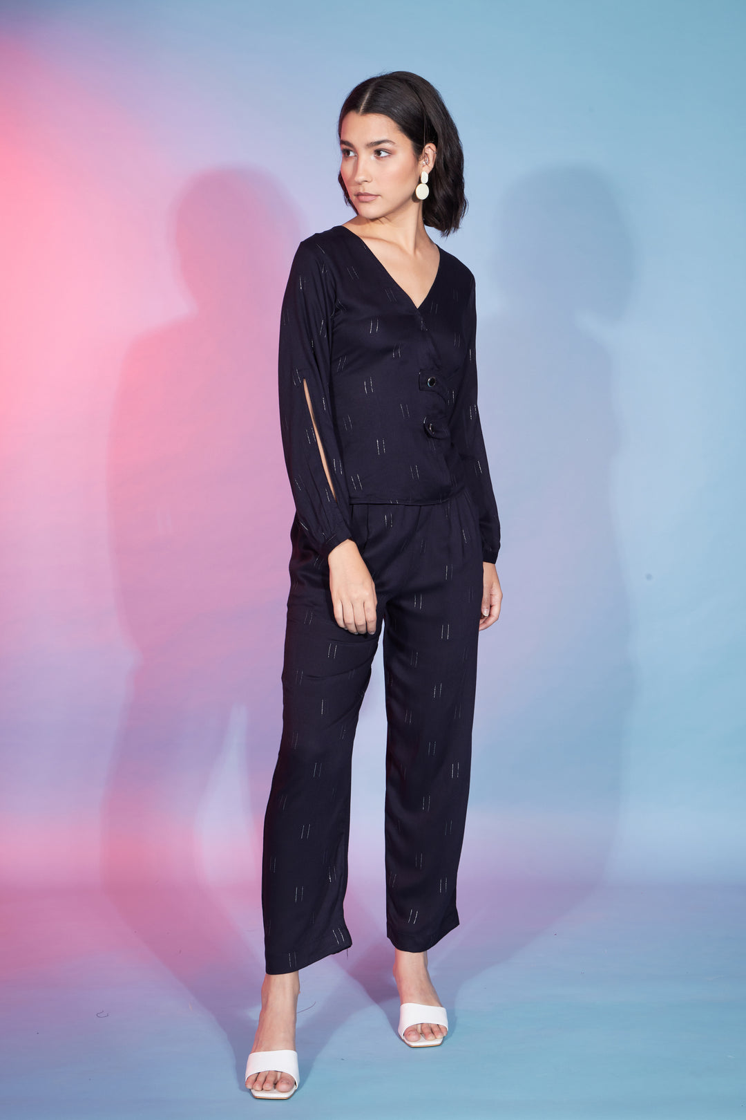 Navy Blue Viscose Rayon Co-Ord Set | Stylish Top & Bottom Combo