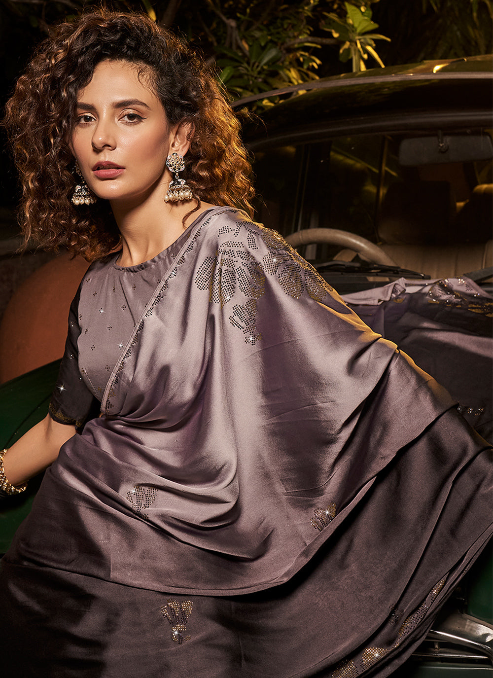 Elegant Satin & Georgette Saree | Heavy Swarovski Work for Special Events