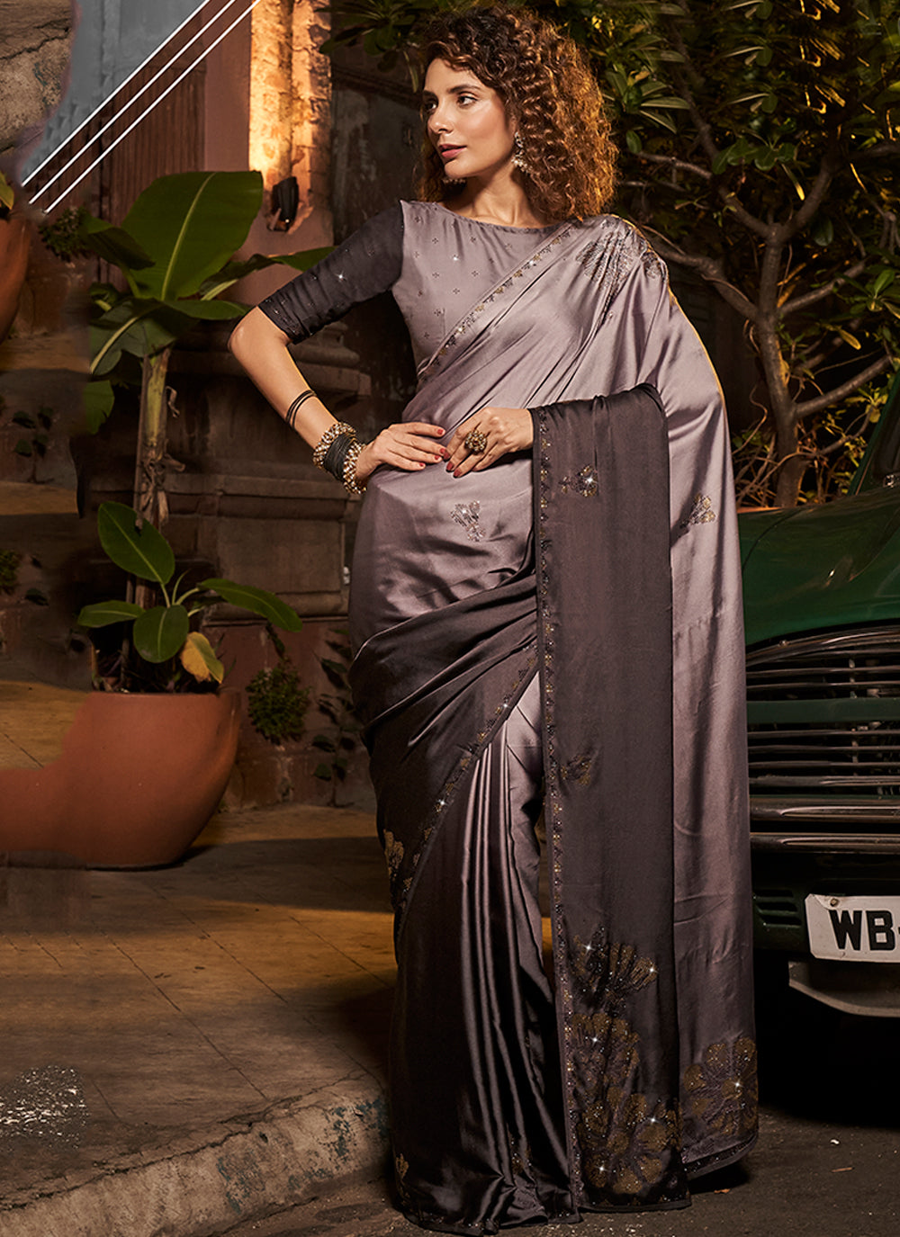 Elegant Satin & Georgette Saree | Heavy Swarovski Work for Special Events