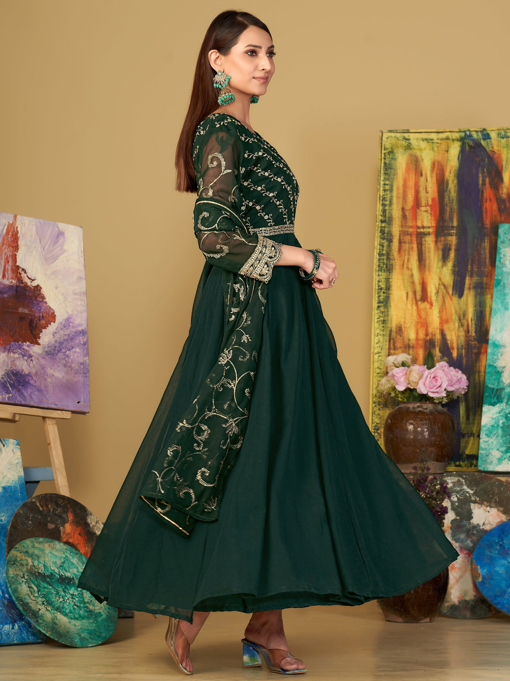 Radiant Green Sequins Georgette Anarkali Suit With Dupatta