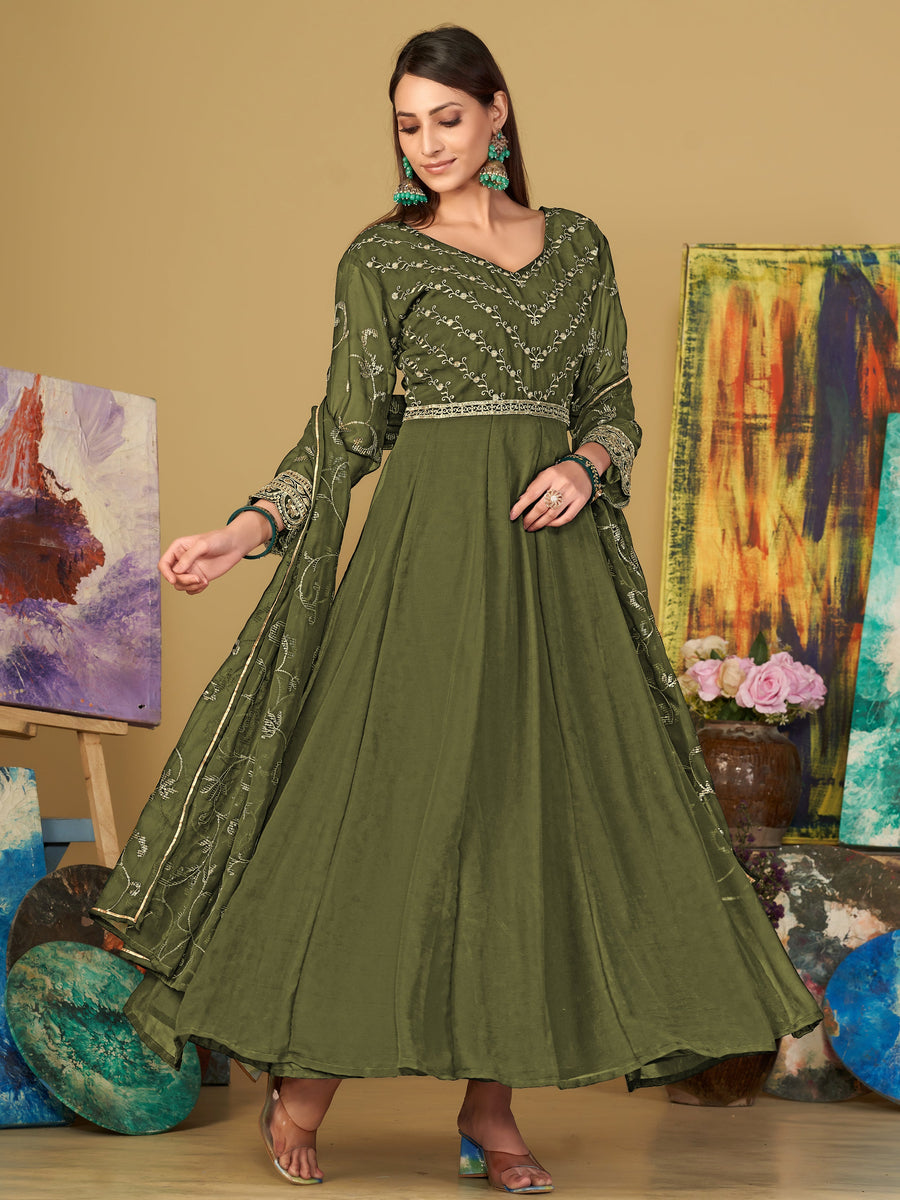 Virtuous Olive Green Sequins Georgette Festive Wear Anarkali Suit