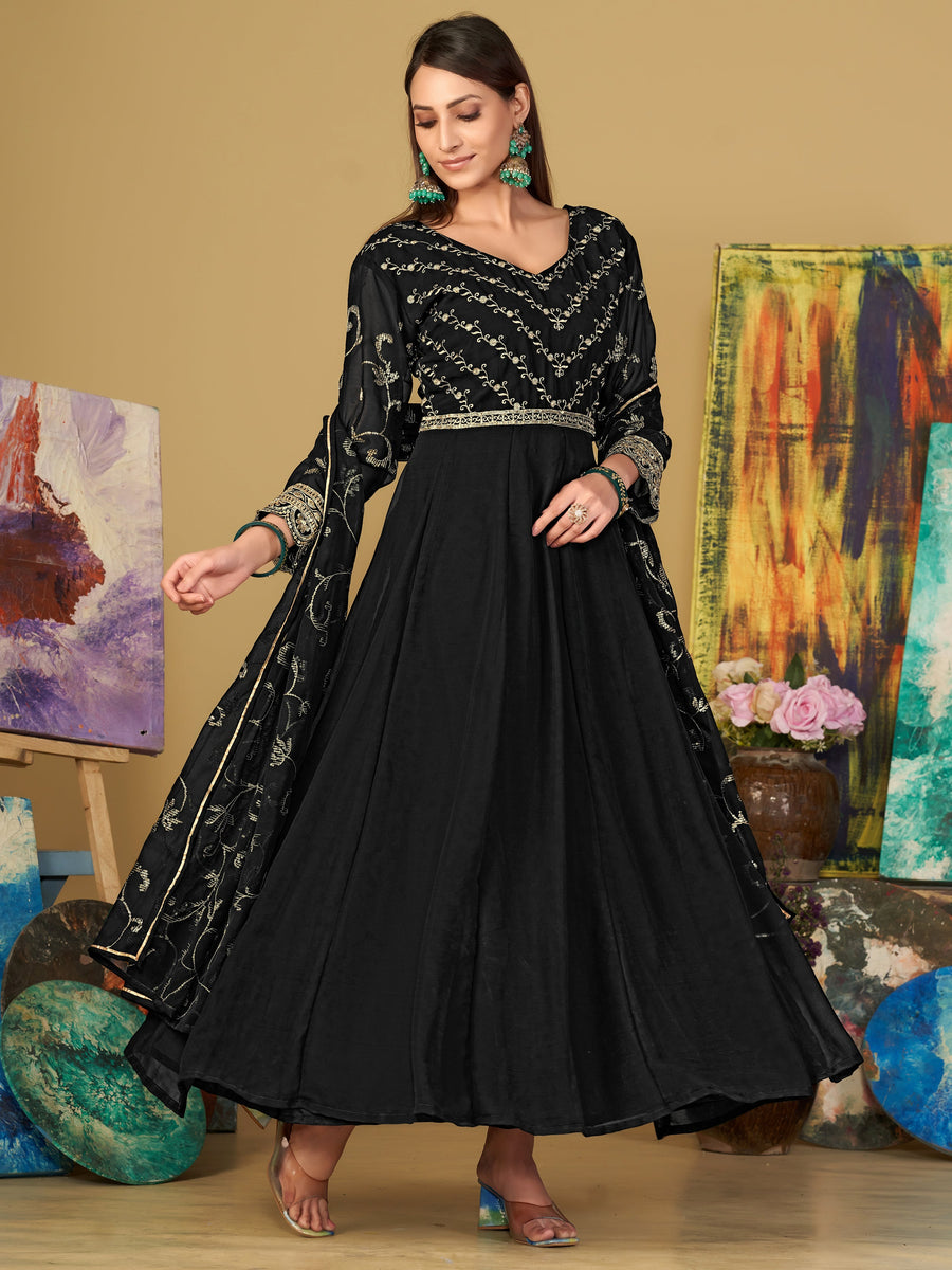 Lavish Black Sequins Georgette Anarkali Suit With Dupatta