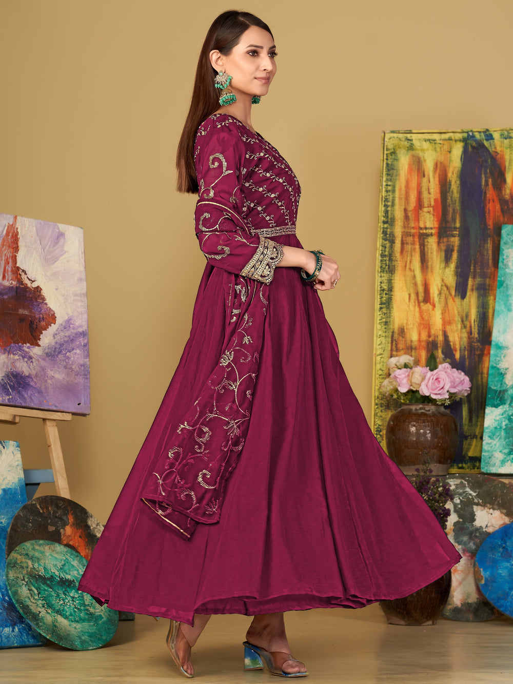 Elegant Dark Pink Sequins Georgette Reception Wear Anarkali Suit