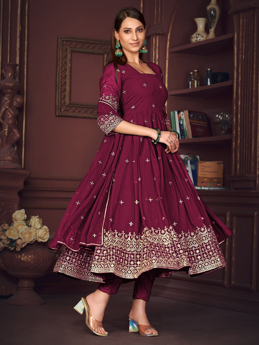 Stunning Dark Pink Embroidered Georgette Anarkali Suit With Dupatta