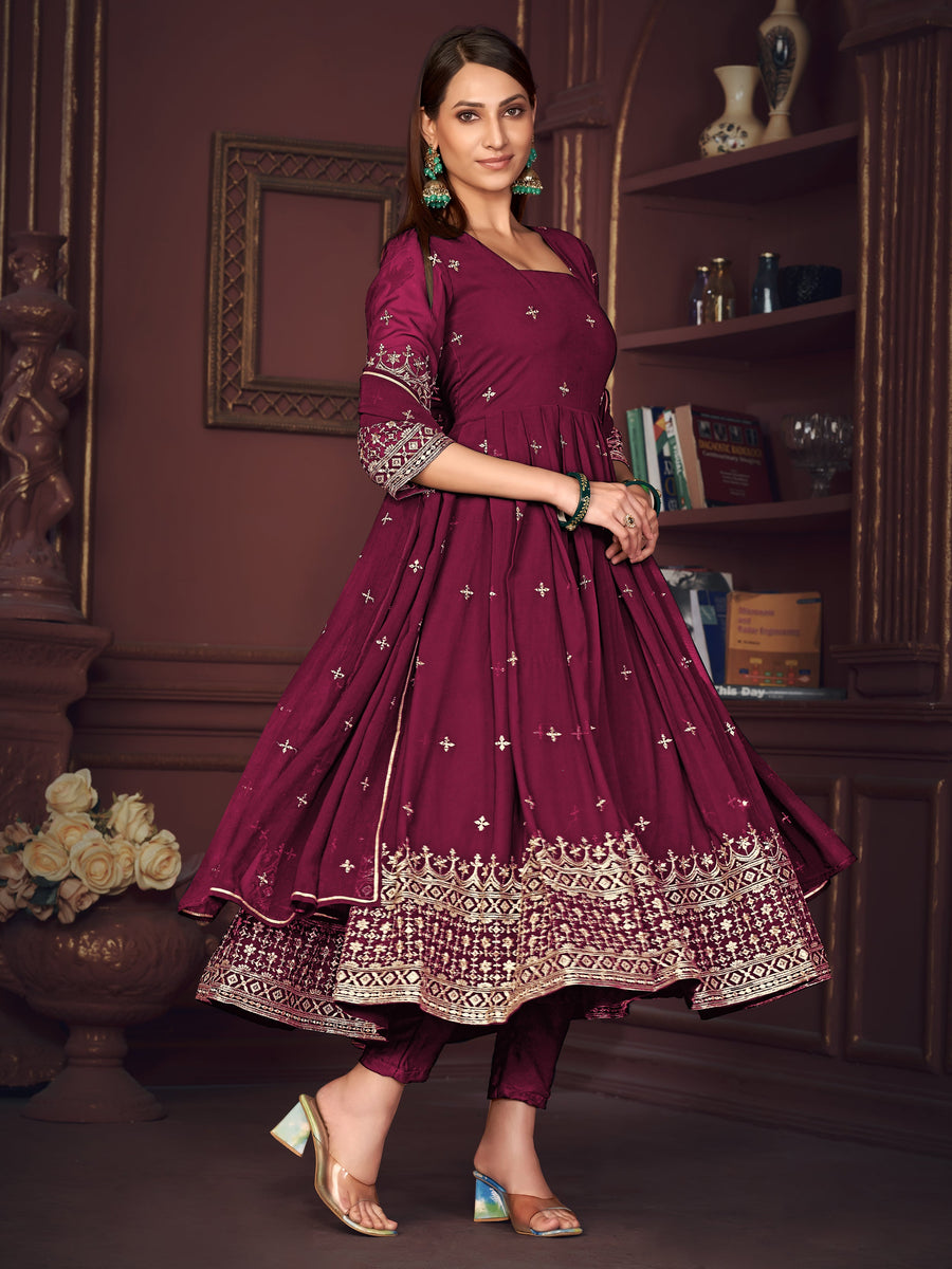 Stunning Dark Pink Embroidered Georgette Anarkali Suit With Dupatta