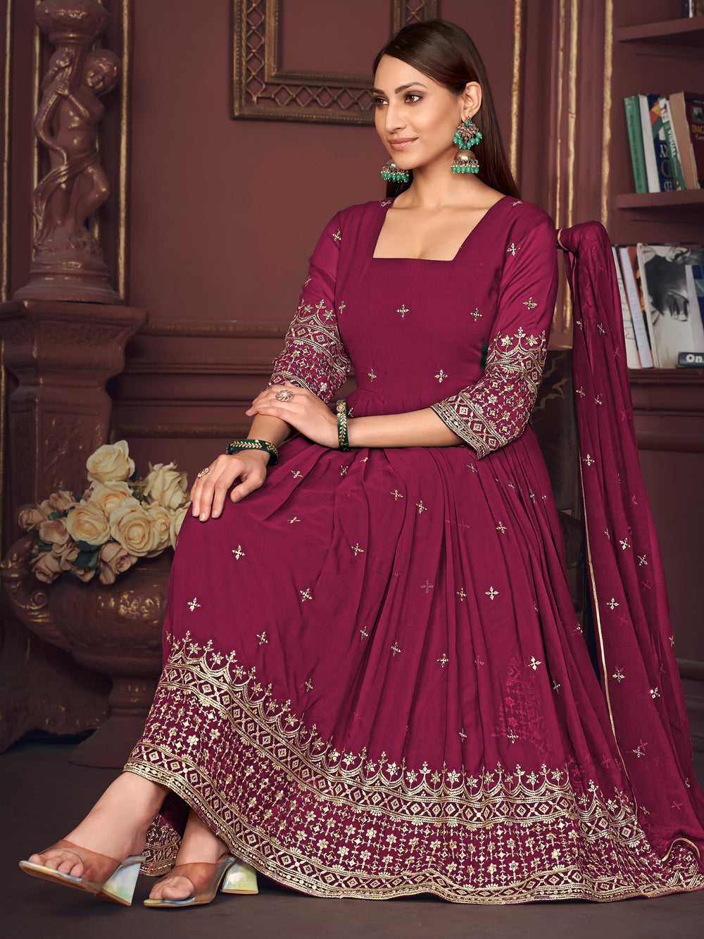 Stunning Dark Pink Embroidered Georgette Anarkali Suit With Dupatta