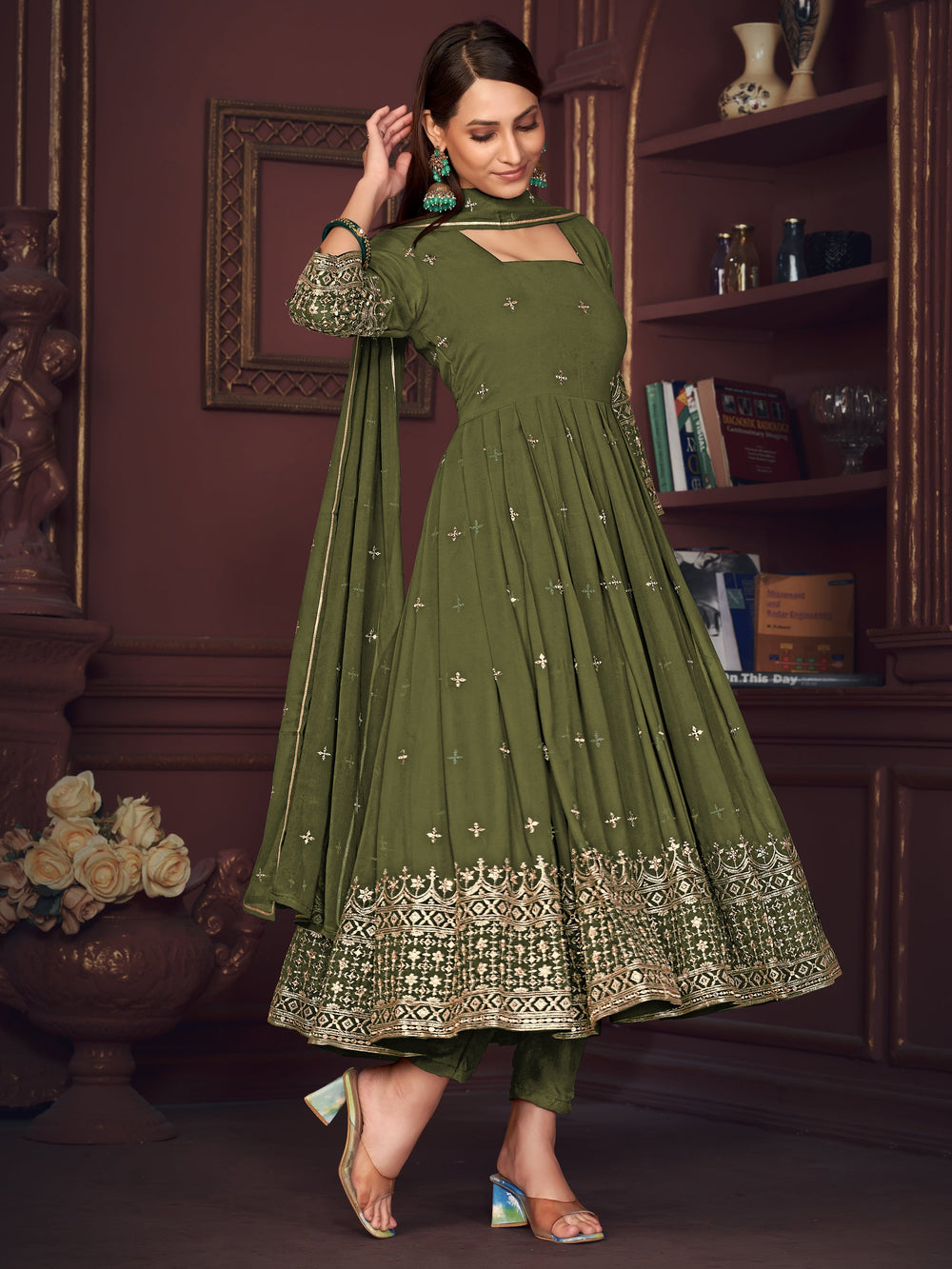 Pretty Green Embroidered Georgette Anarkali Suit With Dupatta