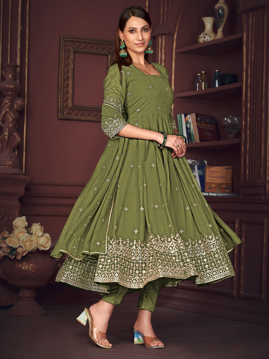 Pretty Green Embroidered Georgette Anarkali Suit With Dupatta