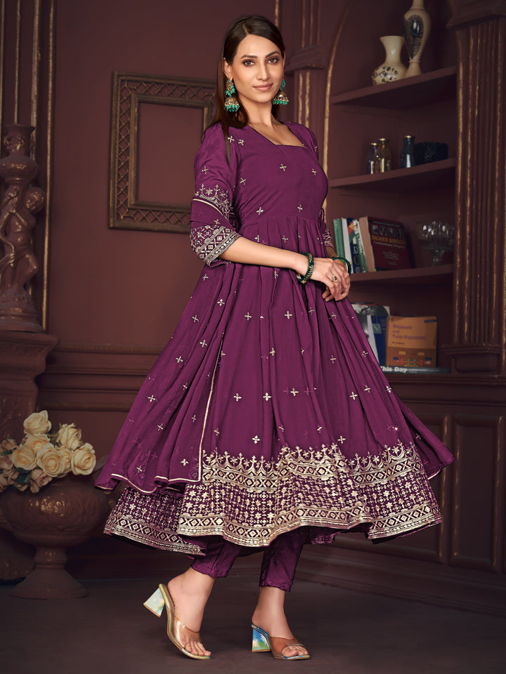 Fetching Purple Embroidered Georgette Party Wear Anarkali Suit