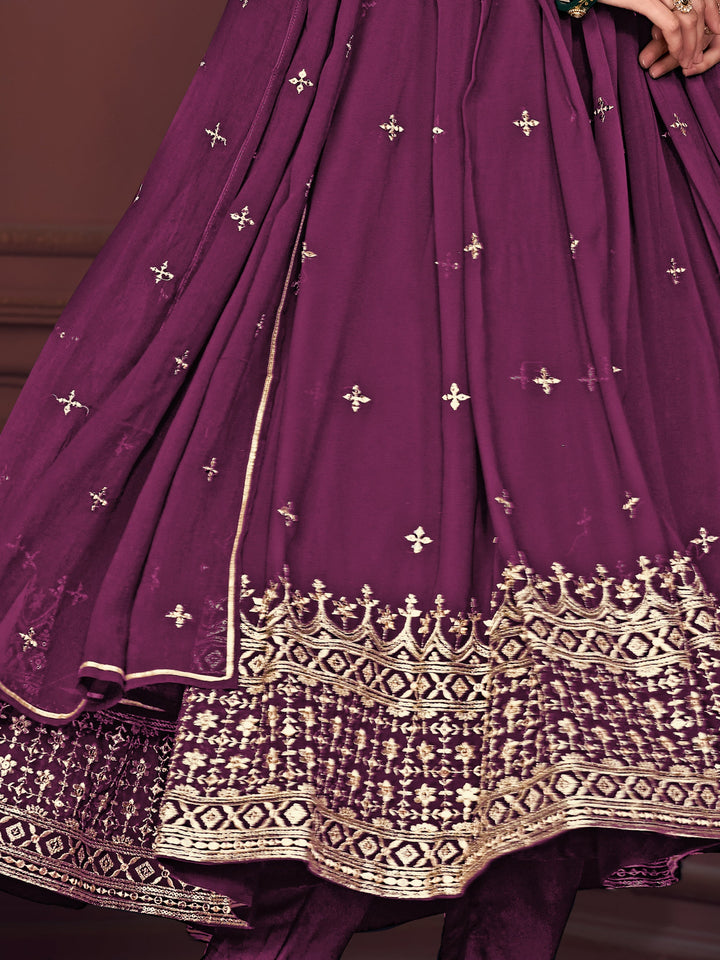 Fetching Purple Embroidered Georgette Party Wear Anarkali Suit