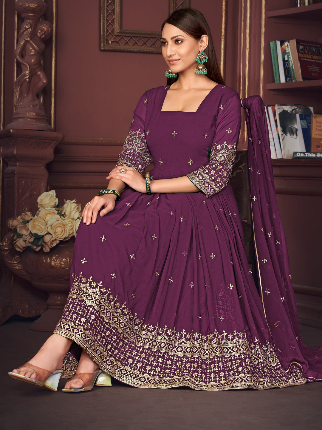 Fetching Purple Embroidered Georgette Party Wear Anarkali Suit