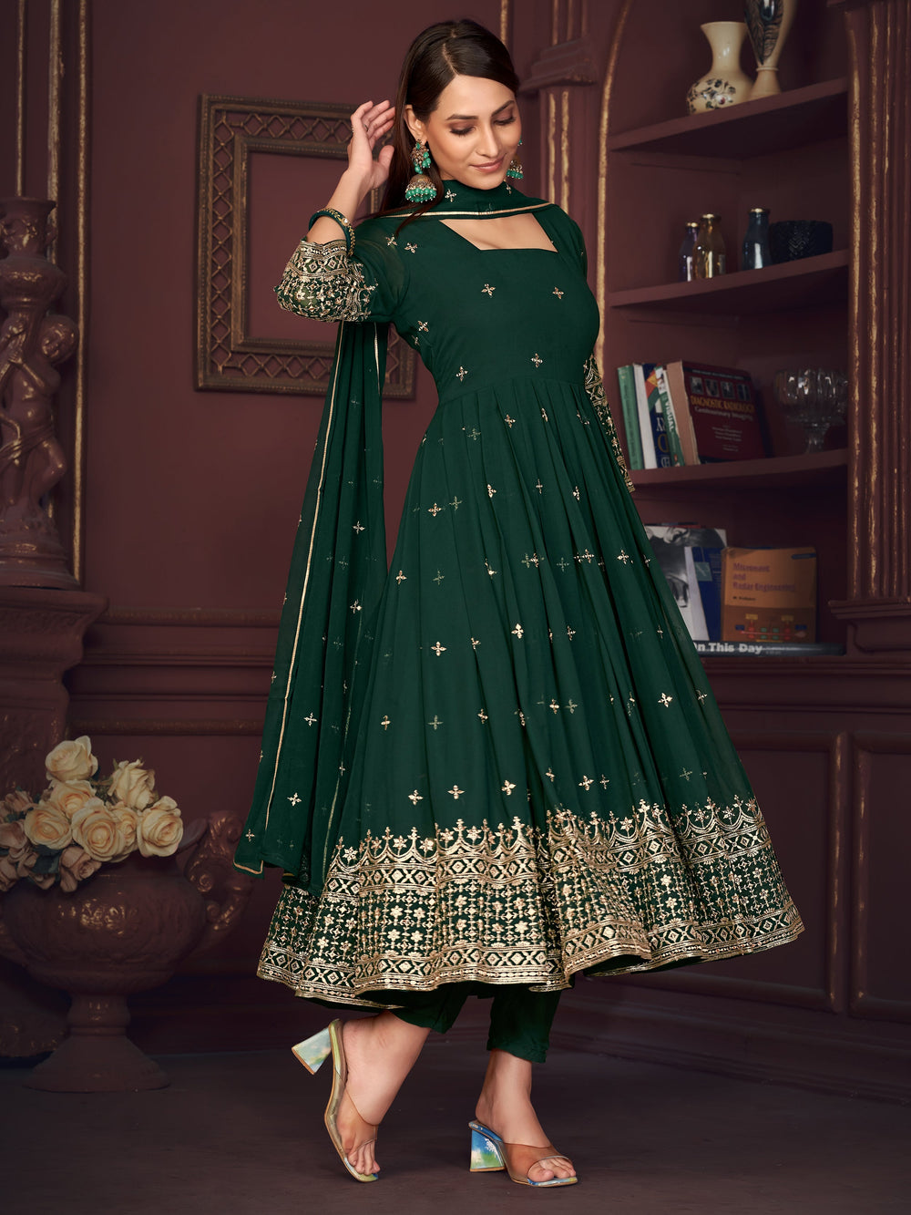 Beautiful Green Embroidered Georgette Festive Wear Anarkali Suit