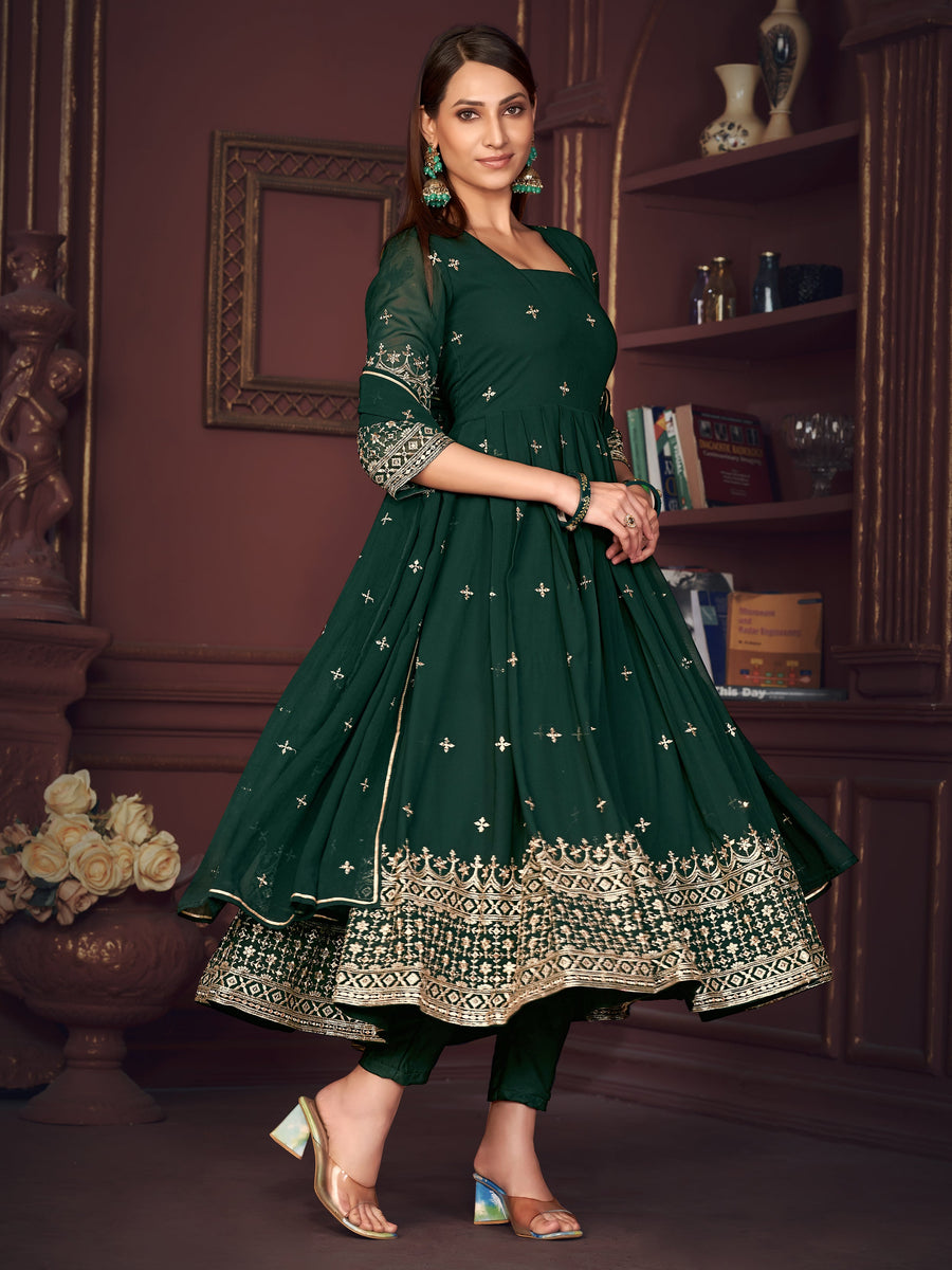 Beautiful Green Embroidered Georgette Festive Wear Anarkali Suit