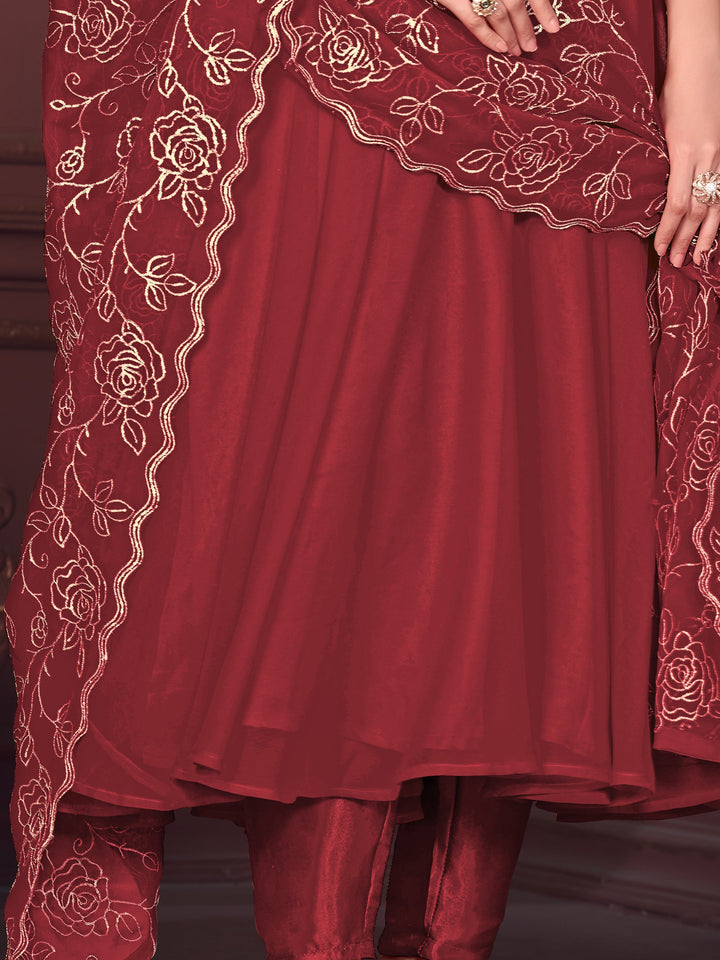 Exquisite Maroon Embroidered Georgette Reception Wear Anarkali Suit