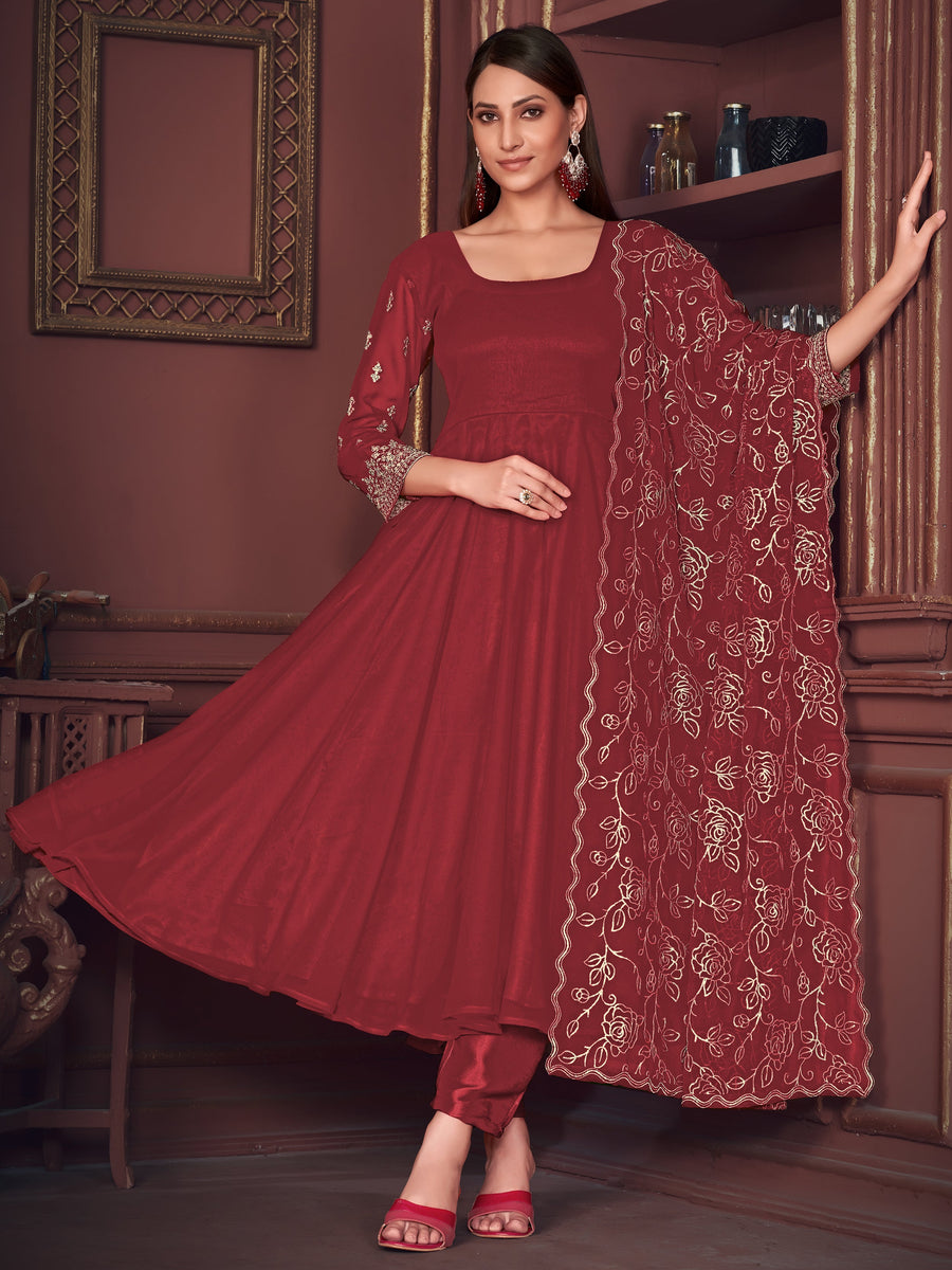 Exquisite Maroon Embroidered Georgette Reception Wear Anarkali Suit