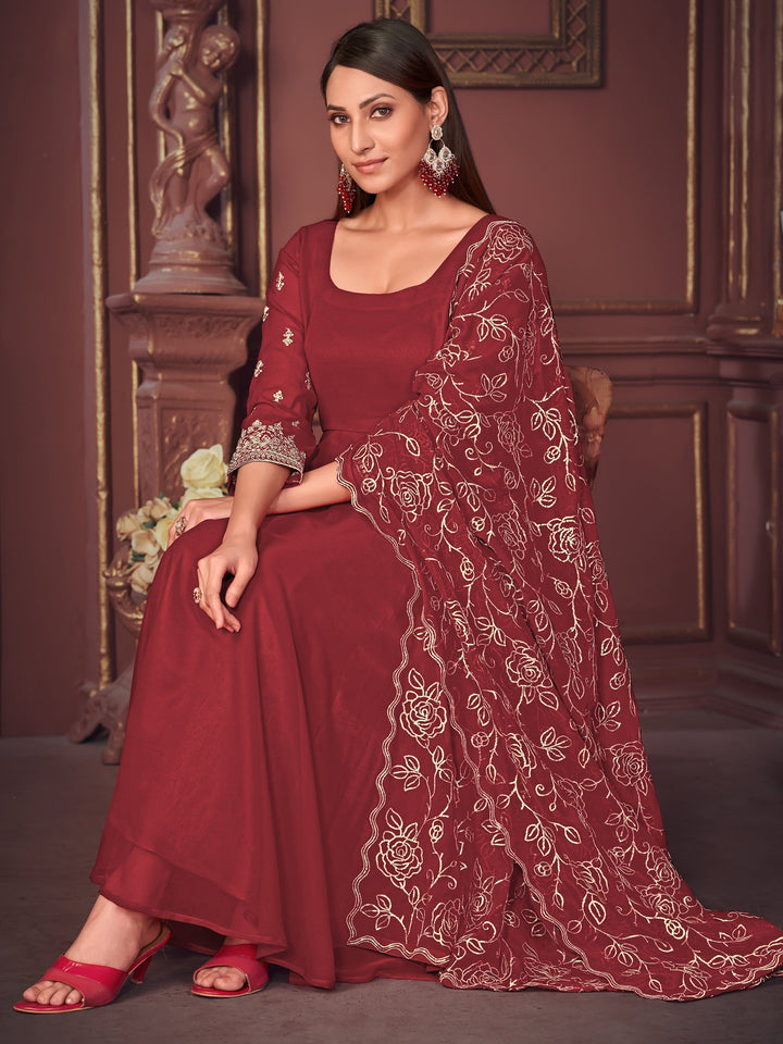 Exquisite Maroon Embroidered Georgette Reception Wear Anarkali Suit