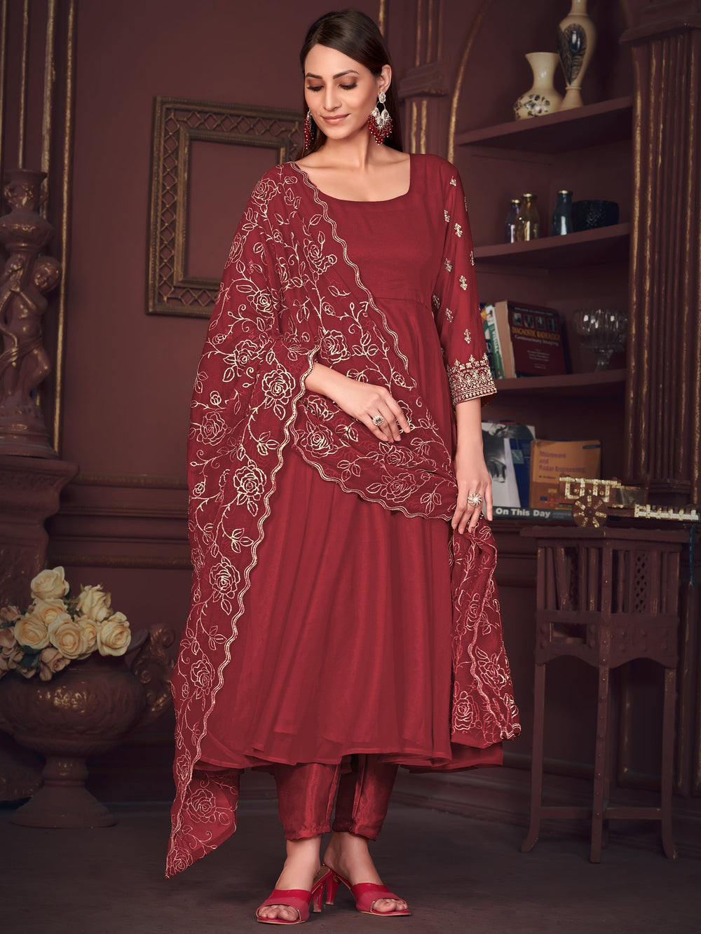 Exquisite Maroon Embroidered Georgette Reception Wear Anarkali Suit