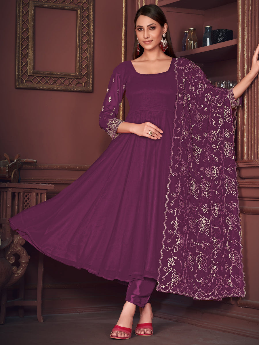 Marvelous Purple Embroidered Georgette Anarkali Suit With Dupatta