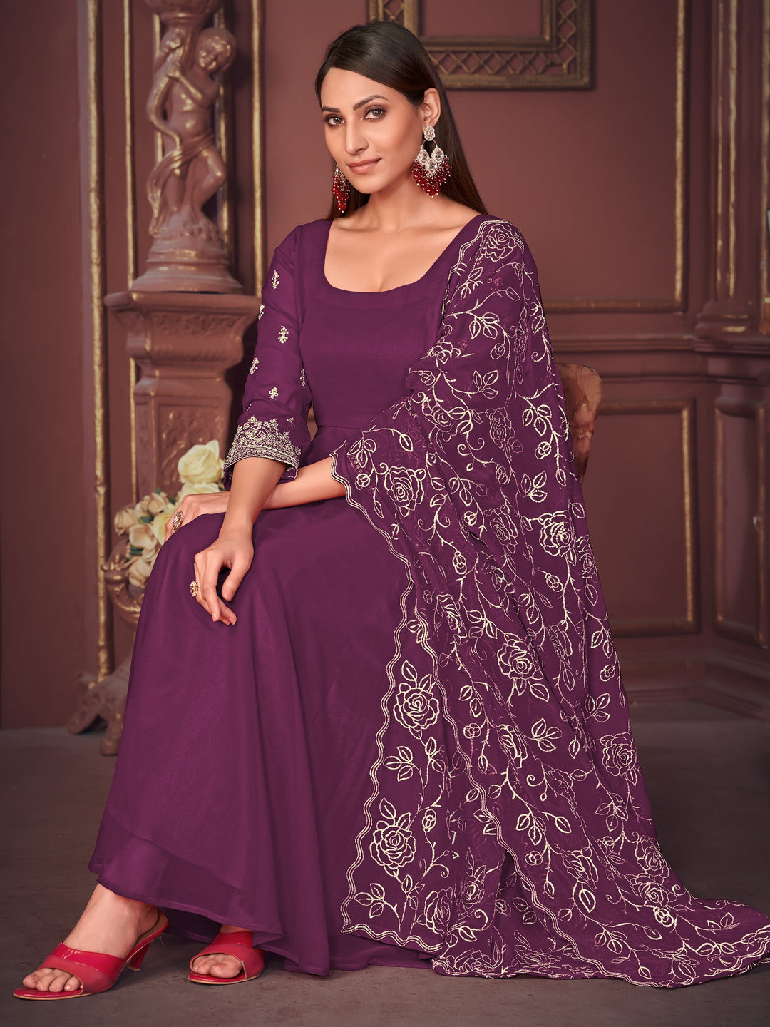 Marvelous Purple Embroidered Georgette Anarkali Suit With Dupatta