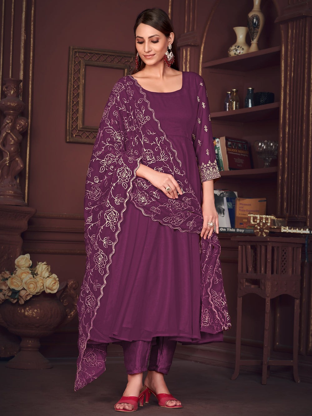 Marvelous Purple Embroidered Georgette Anarkali Suit With Dupatta