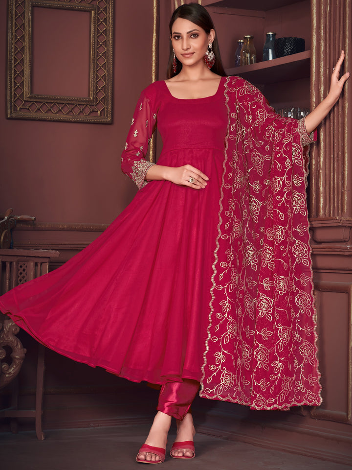 Wonderful Pink Embroidered Georgette Festive Wear Anarkali Suit