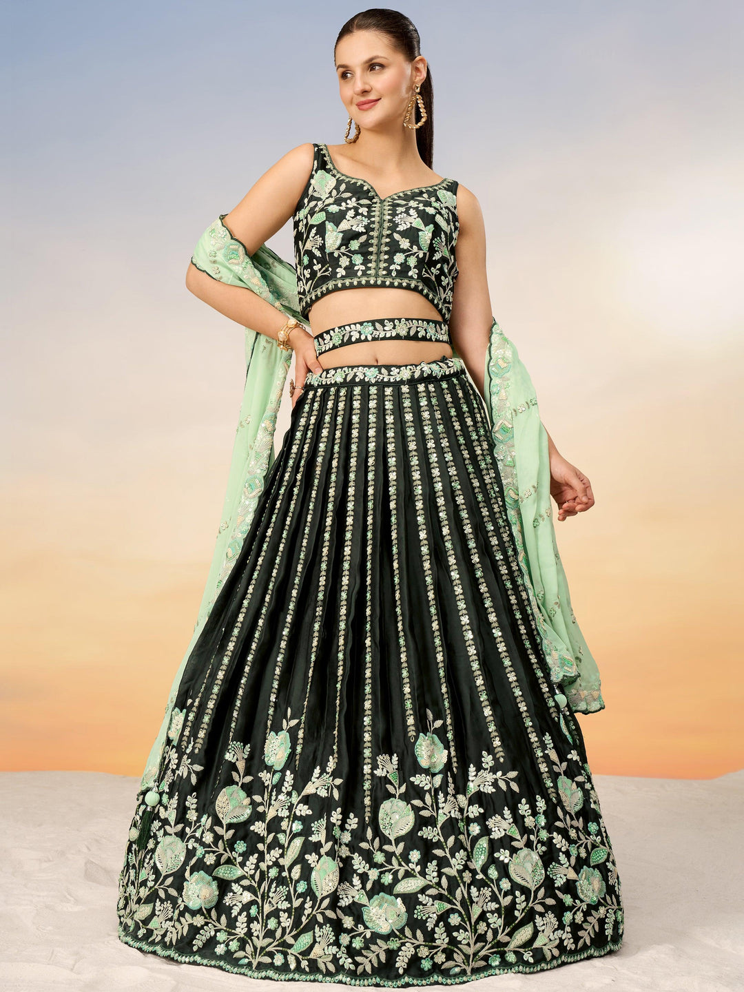 Astonishing Green Embroidered Satin Mehendi Wear Lehenga Choli