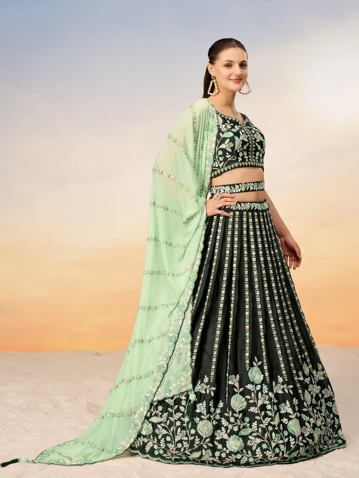 Astonishing Green Embroidered Satin Mehendi Wear Lehenga Choli