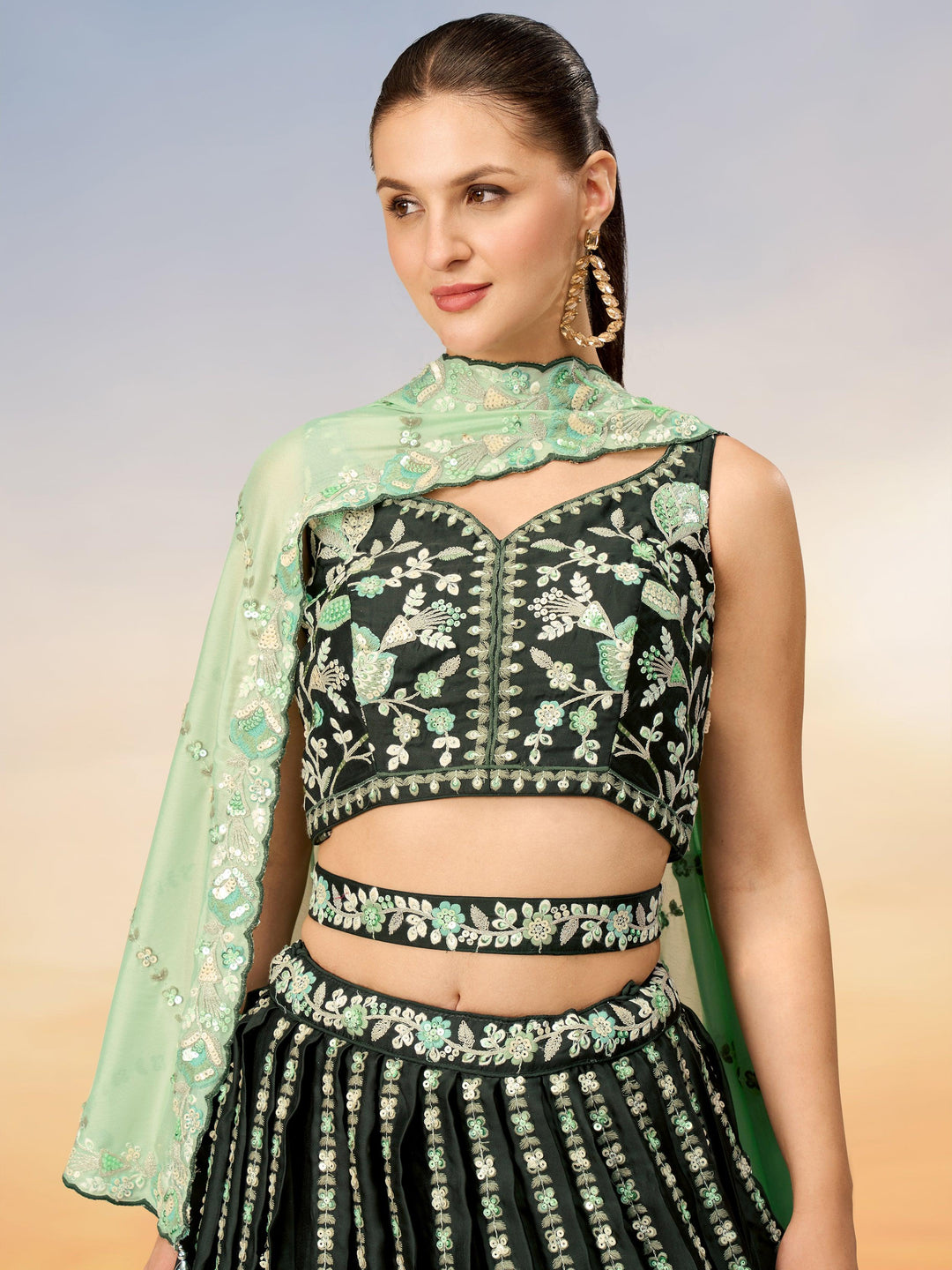 Astonishing Green Embroidered Satin Mehendi Wear Lehenga Choli