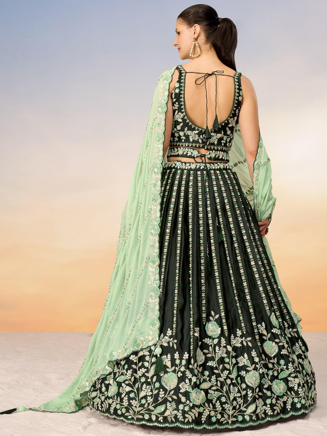 Astonishing Green Embroidered Satin Mehendi Wear Lehenga Choli