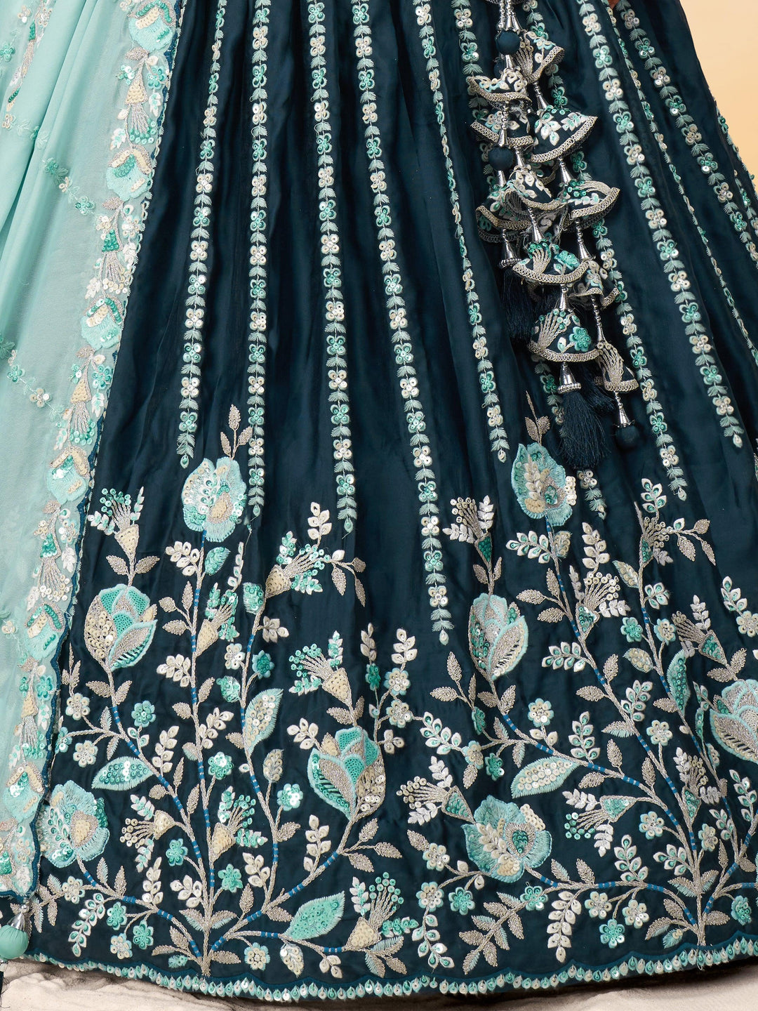 Fantastic Teal Blue Sequins Satin Wedding Lehenga Choli With Dupatta