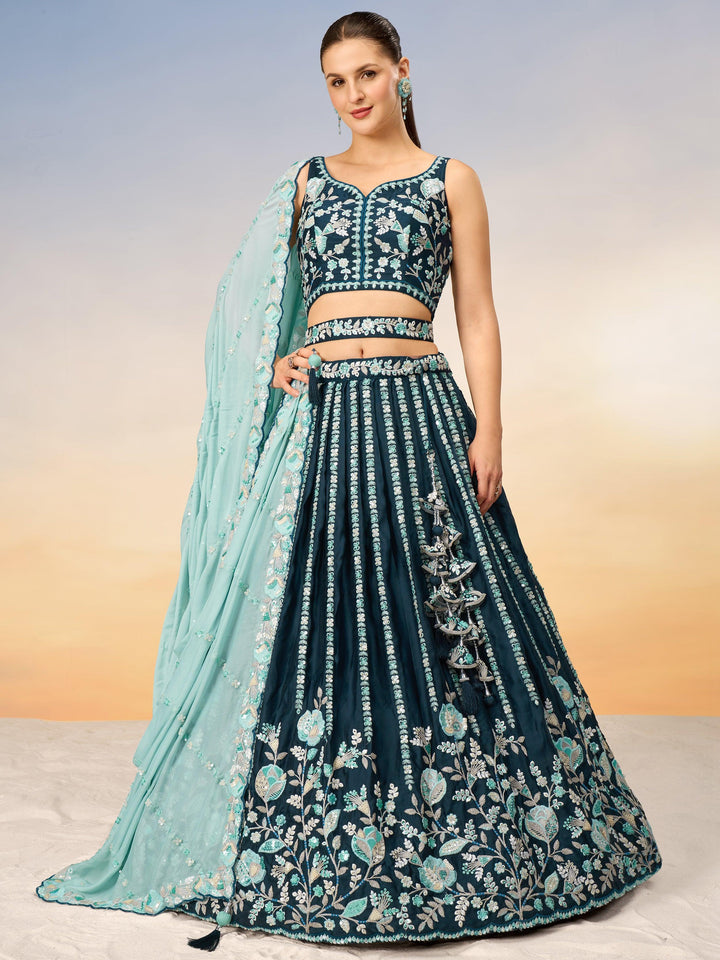 Fantastic Teal Blue Sequins Satin Wedding Lehenga Choli With Dupatta