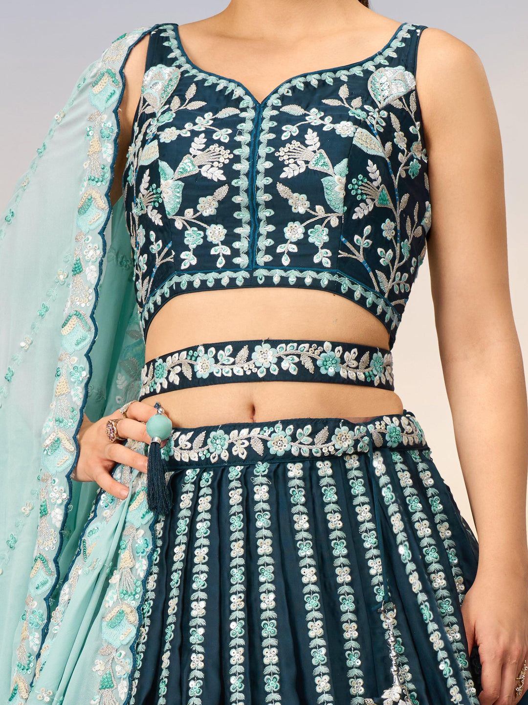 Fantastic Teal Blue Sequins Satin Wedding Lehenga Choli With Dupatta