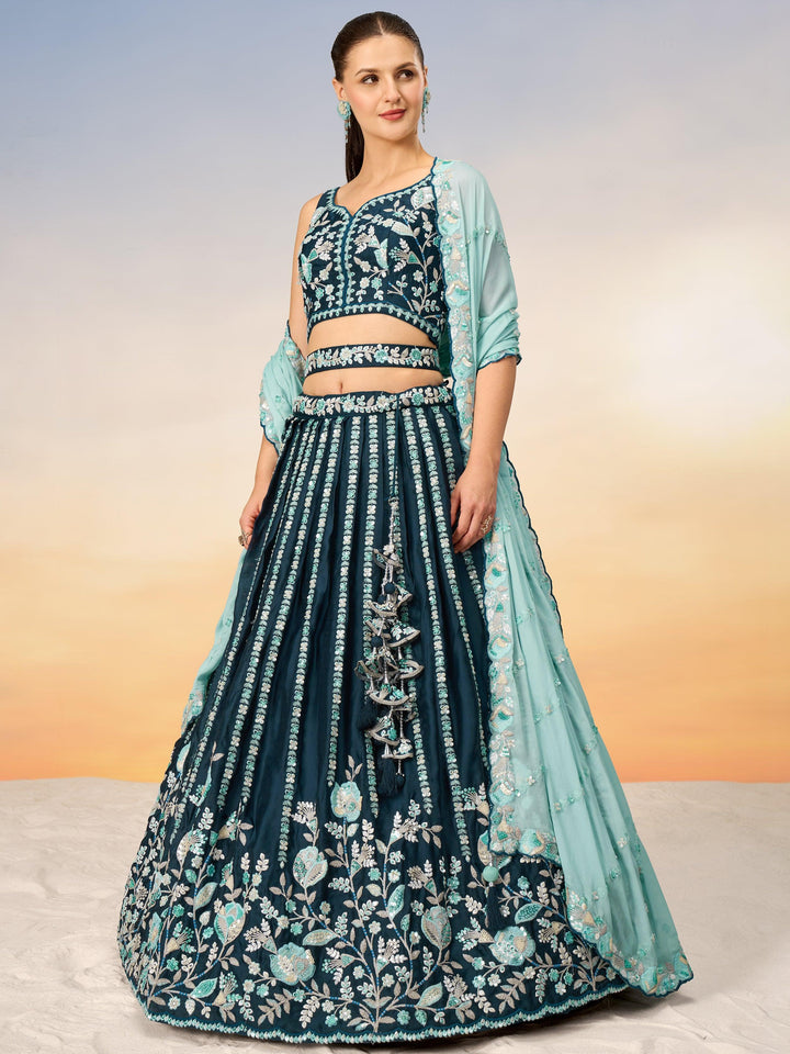 Fantastic Teal Blue Sequins Satin Wedding Lehenga Choli With Dupatta