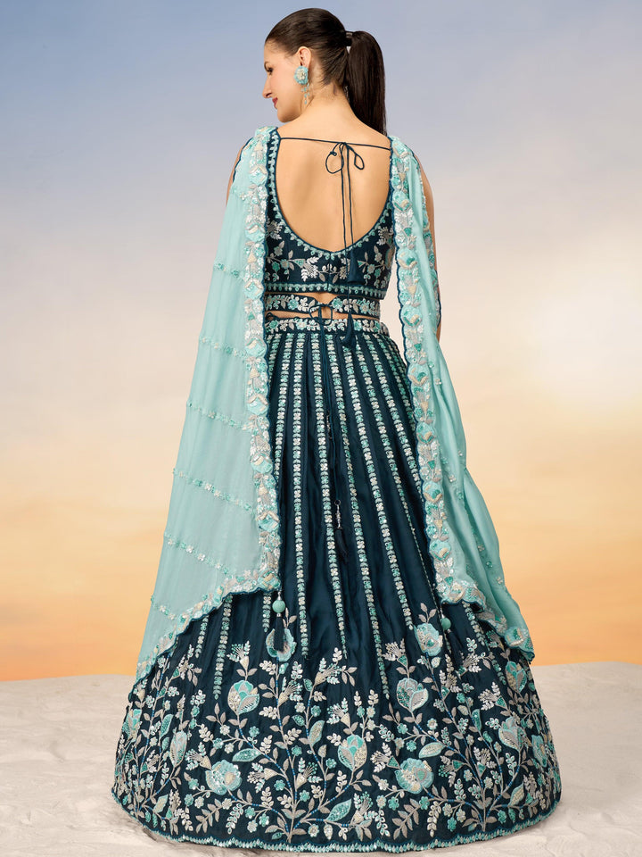 Fantastic Teal Blue Sequins Satin Wedding Lehenga Choli With Dupatta