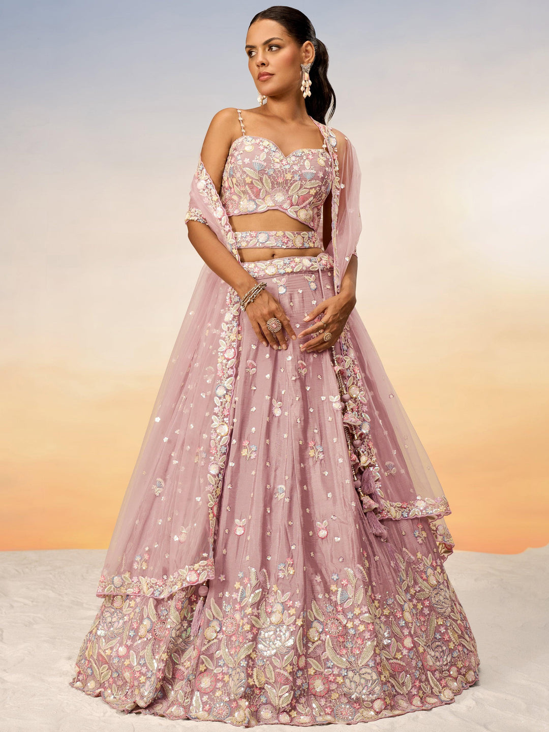 Amazing Pink Embroidered Chiffon Reception Wear Lehenga Choli